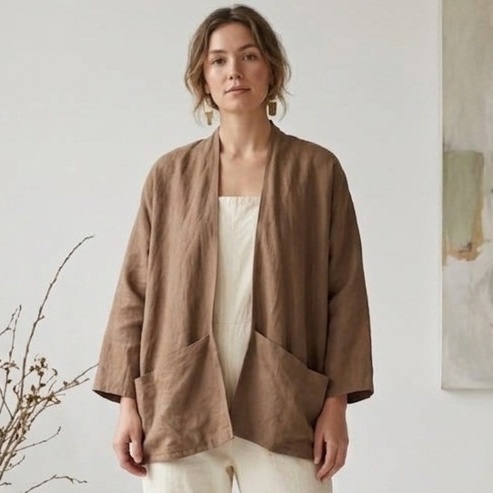 Miranda Bennett Studio Atwood Jacket Womens OS Brown Linen Draped Open Cardigan